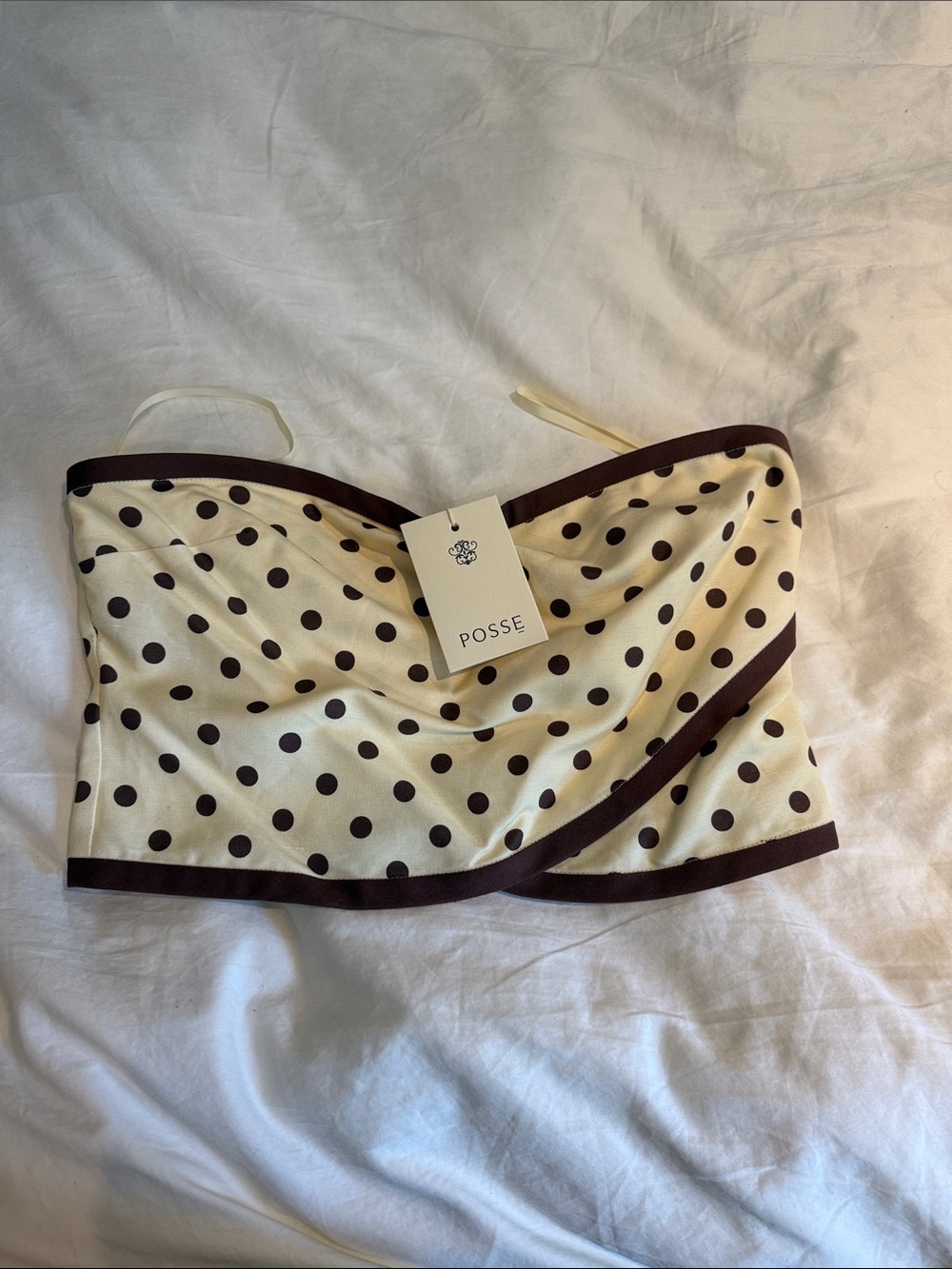 Posse Cream Polka Dot Strapless Crop Top with Brown Trim